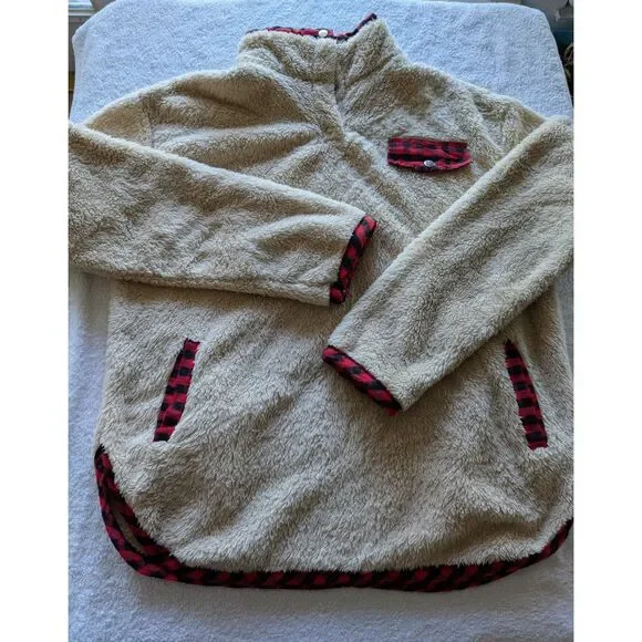 Cozy Sherpa Fleece Pullover Plaid Trim Quarter-Button Collar w/ Pockets - Picture 8 of 10